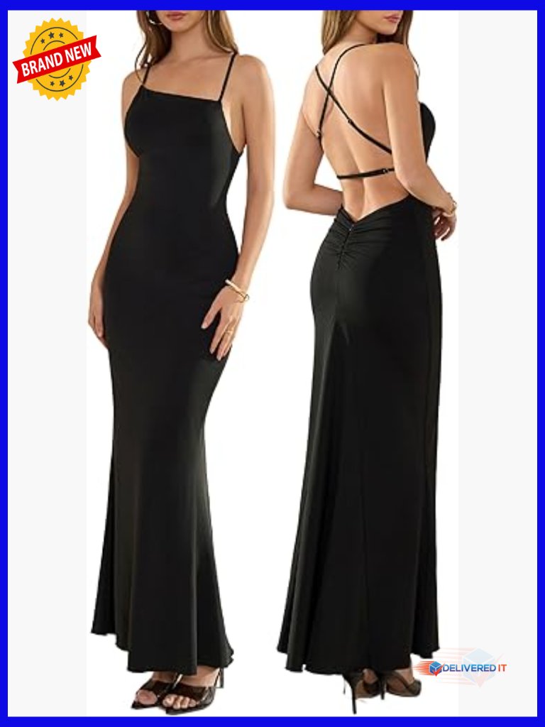 Stretch Polyester Maxi Dress Backless Spaghetti Strap Ruched Party Beach Formal